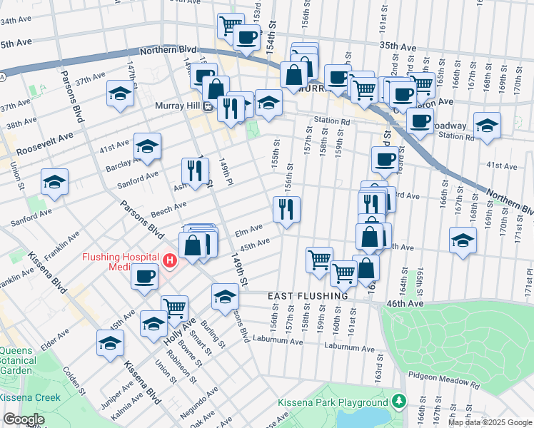 map of restaurants, bars, coffee shops, grocery stores, and more near 43-33 Murray Street in Queens