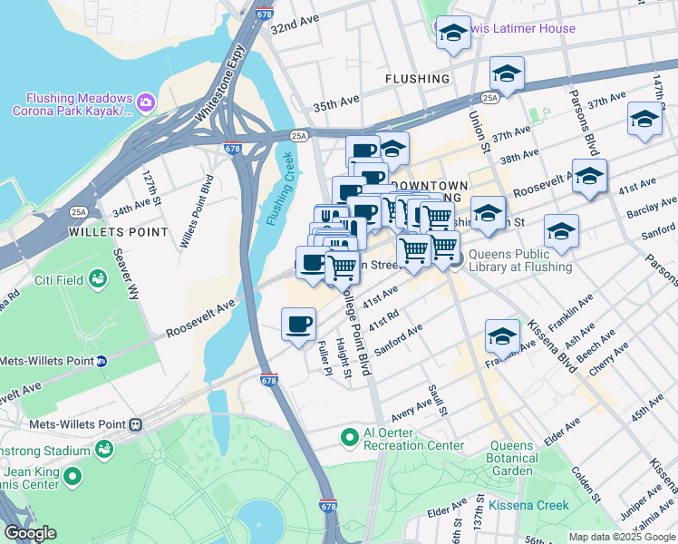 map of restaurants, bars, coffee shops, grocery stores, and more near 40-24 College Point Boulevard in Queens