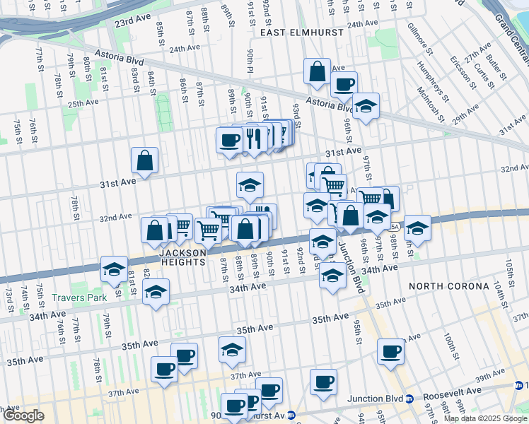 map of restaurants, bars, coffee shops, grocery stores, and more near 32-23 90th Street in Queens
