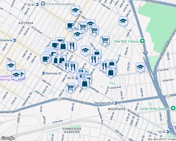 map of restaurants, bars, coffee shops, grocery stores, and more near 31-32 47th Street in Queens