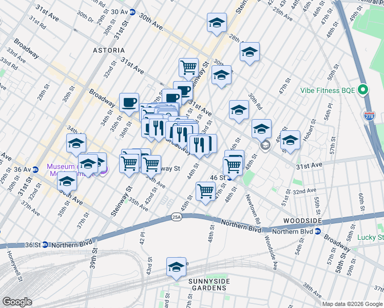 map of restaurants, bars, coffee shops, grocery stores, and more near 42-14 Broadway in Queens