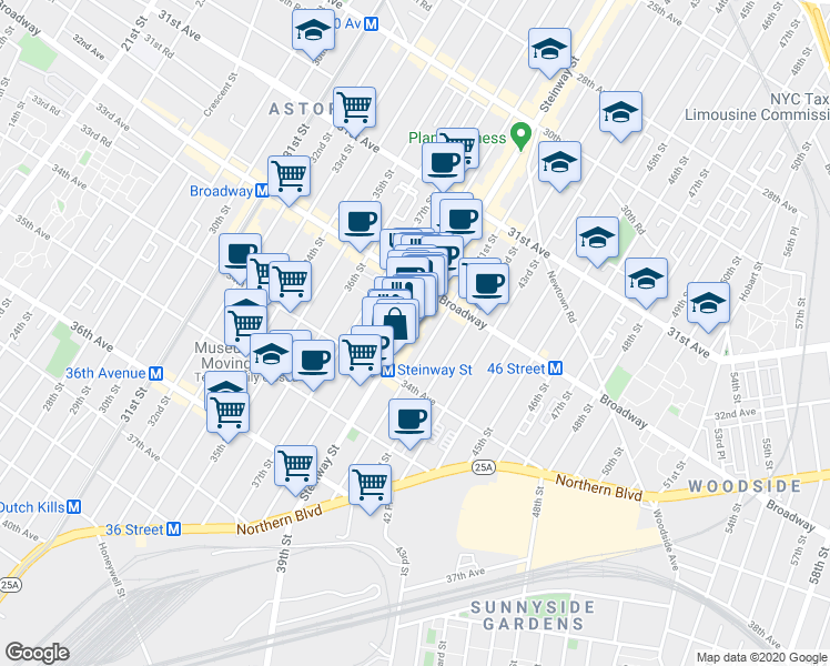 map of restaurants, bars, coffee shops, grocery stores, and more near 3818 Broadway in Queens