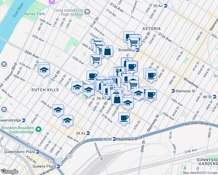 map of restaurants, bars, coffee shops, grocery stores, and more near 30-14 35th Avenue in Queens