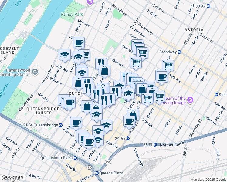 map of restaurants, bars, coffee shops, grocery stores, and more near 32 24th Street in Queens