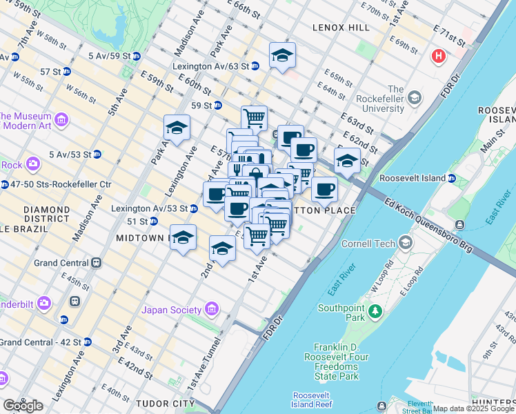 map of restaurants, bars, coffee shops, grocery stores, and more near 305 East 55th Street in New York