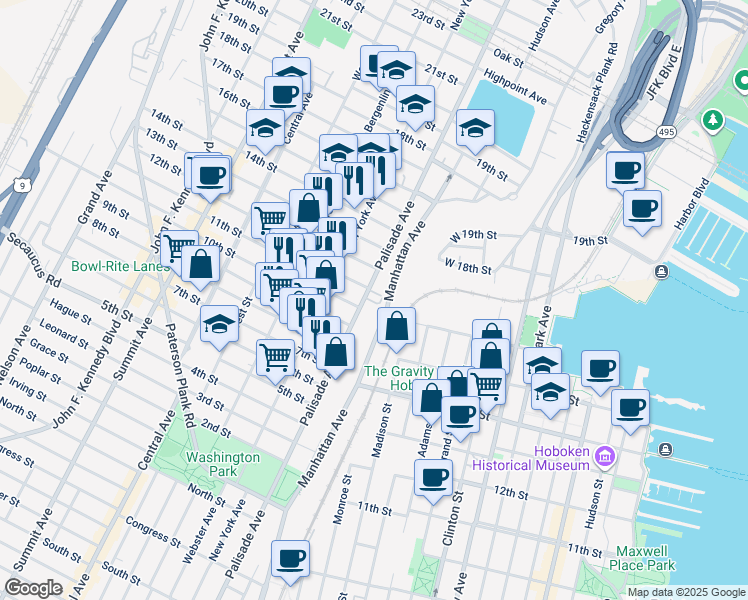 map of restaurants, bars, coffee shops, grocery stores, and more near 1009 Palisade Avenue in Union City