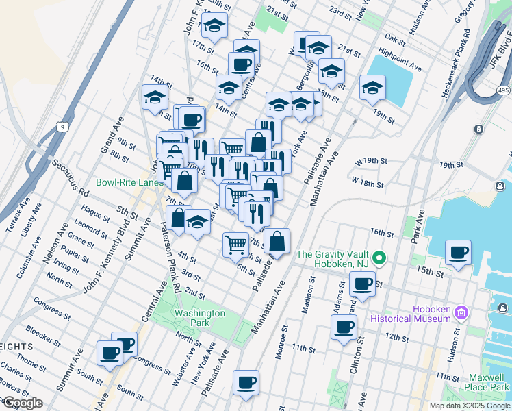 map of restaurants, bars, coffee shops, grocery stores, and more near 910 Bergenline Avenue in Union City