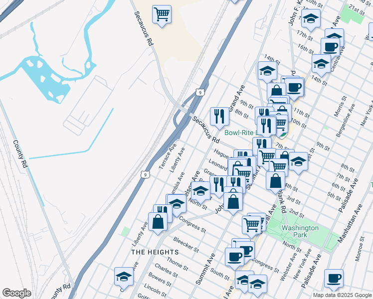 map of restaurants, bars, coffee shops, grocery stores, and more near 352 Terrace Avenue in Jersey City