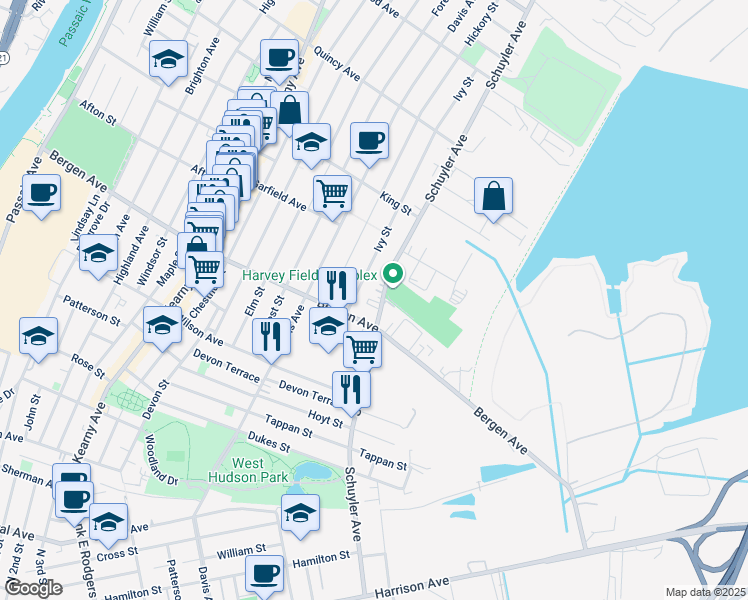 map of restaurants, bars, coffee shops, grocery stores, and more near 90 Ivy Street in Kearny