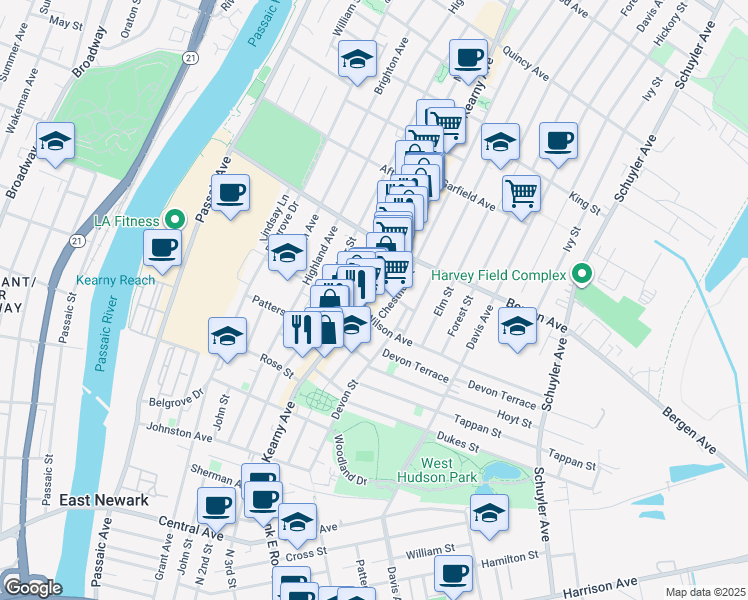 map of restaurants, bars, coffee shops, grocery stores, and more near 200 Kearny Avenue in Kearny