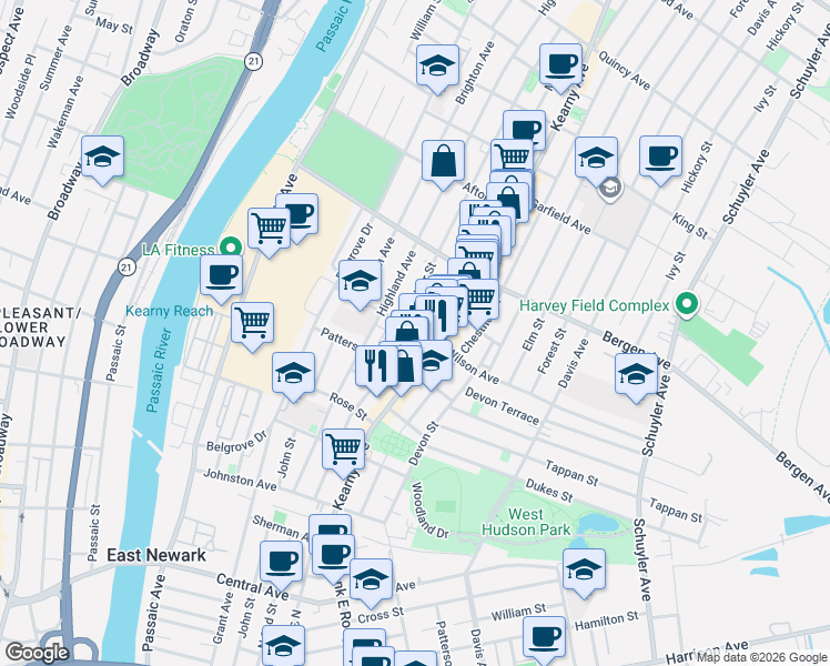 map of restaurants, bars, coffee shops, grocery stores, and more near 158 Maple Street in Kearny