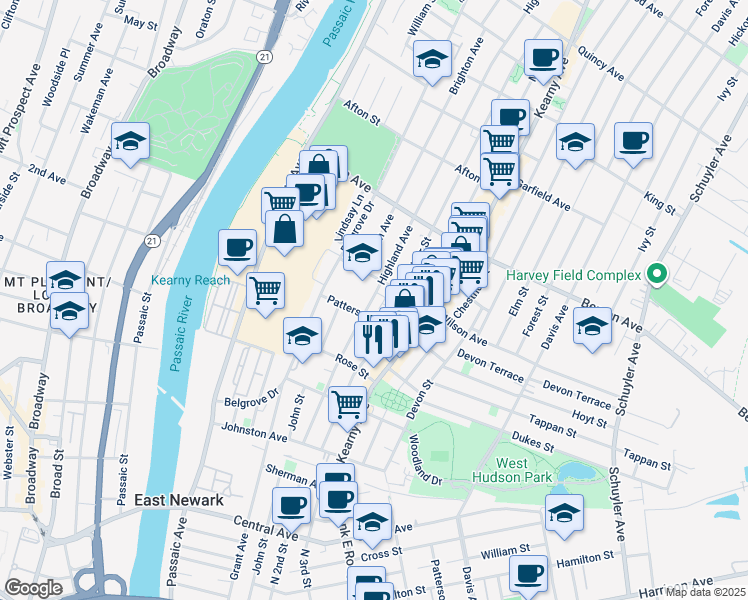 map of restaurants, bars, coffee shops, grocery stores, and more near 46 Wilson Avenue in Kearny