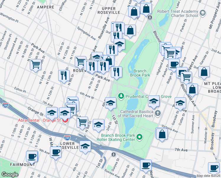 map of restaurants, bars, coffee shops, grocery stores, and more near 236 Park Avenue in Newark