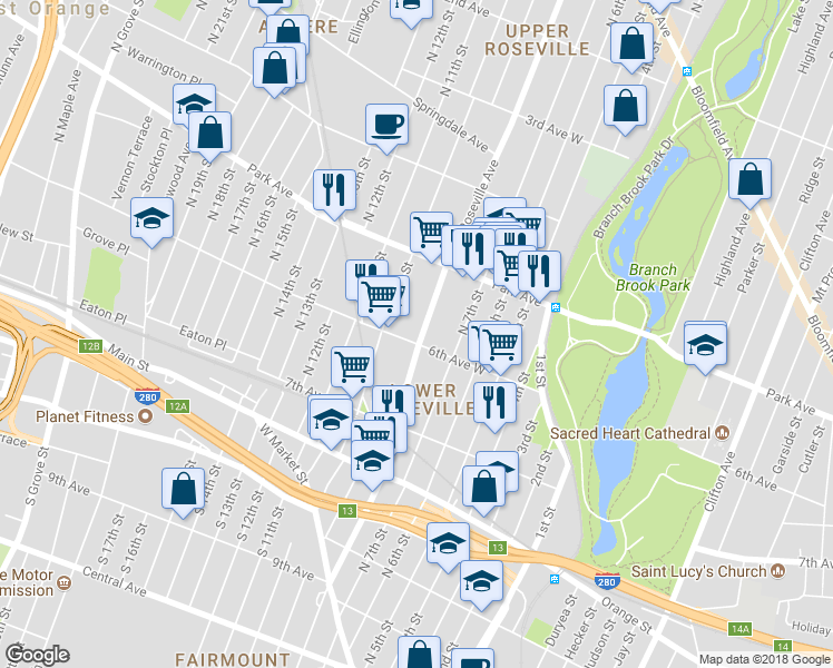 map of restaurants, bars, coffee shops, grocery stores, and more near 215 Roseville Avenue in Newark