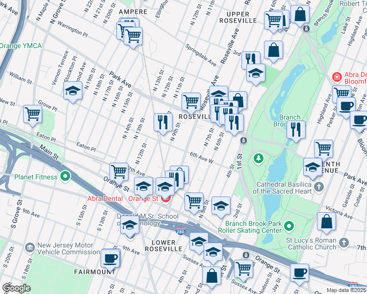 map of restaurants, bars, coffee shops, grocery stores, and more near 215 Roseville Avenue in Newark