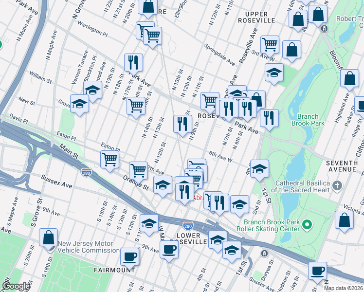map of restaurants, bars, coffee shops, grocery stores, and more near 69 North 9th Street in Newark