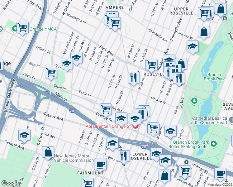 map of restaurants, bars, coffee shops, grocery stores, and more near 73 North 13th Street in Newark