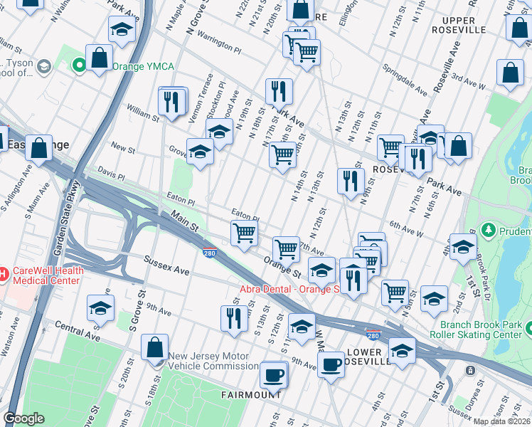 map of restaurants, bars, coffee shops, grocery stores, and more near 14 North 16th Street in East Orange