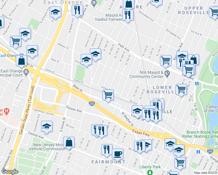 map of restaurants, bars, coffee shops, grocery stores, and more near 14 North 16th Street in East Orange