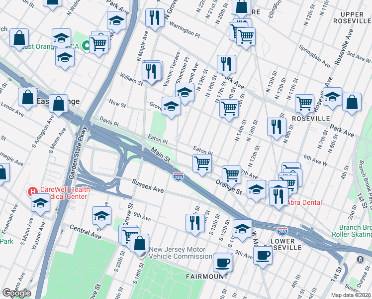 map of restaurants, bars, coffee shops, grocery stores, and more near 97 Eaton Place in East Orange