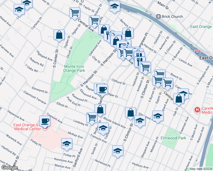 map of restaurants, bars, coffee shops, grocery stores, and more near 6 Melrose Avenue in East Orange