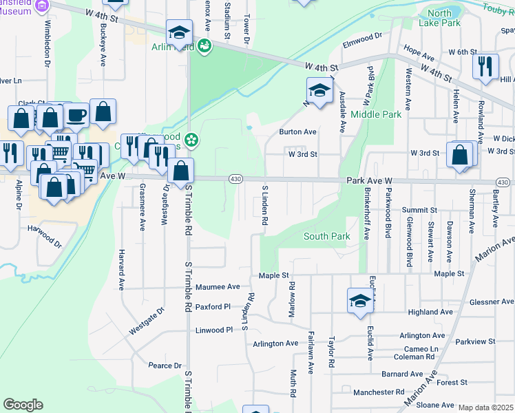 map of restaurants, bars, coffee shops, grocery stores, and more near 33 Glenbeck Lane in Mansfield
