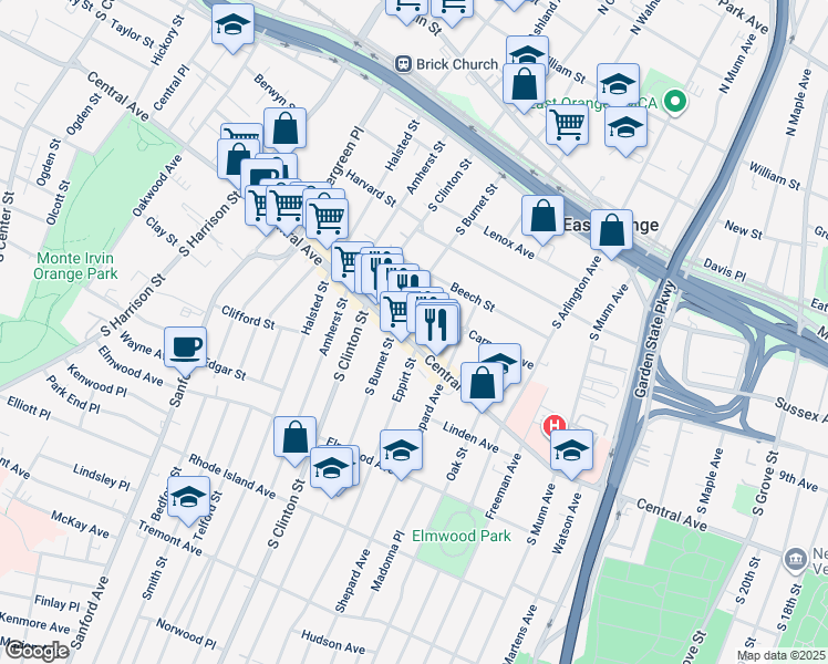 map of restaurants, bars, coffee shops, grocery stores, and more near 428 Central Avenue in East Orange