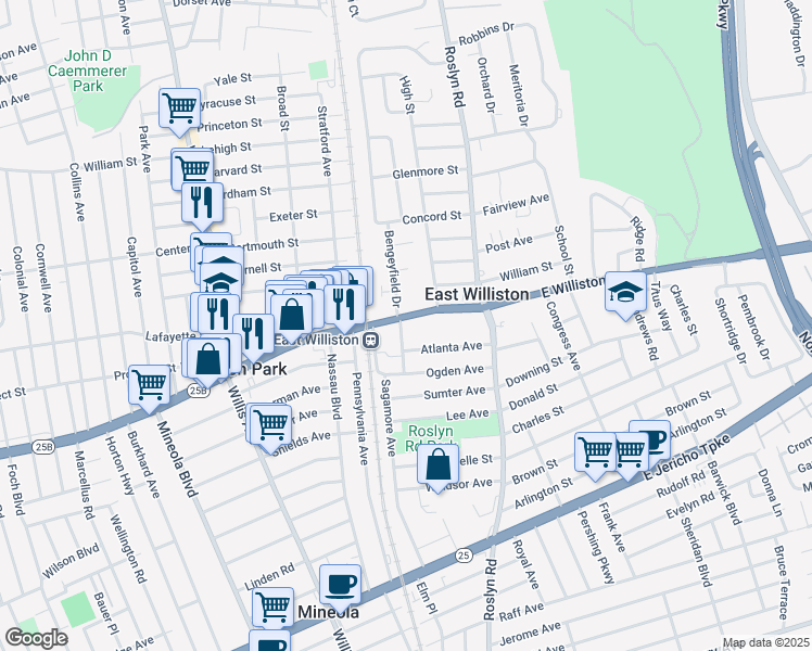 map of restaurants, bars, coffee shops, grocery stores, and more near 16 East Williston Avenue in East Williston