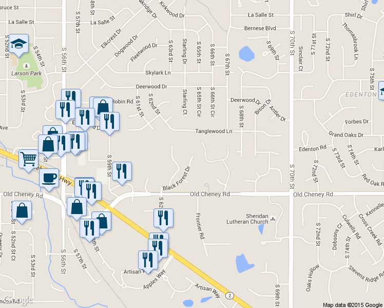 map of restaurants, bars, coffee shops, grocery stores, and more near 6420 Black Forest Court in Lincoln