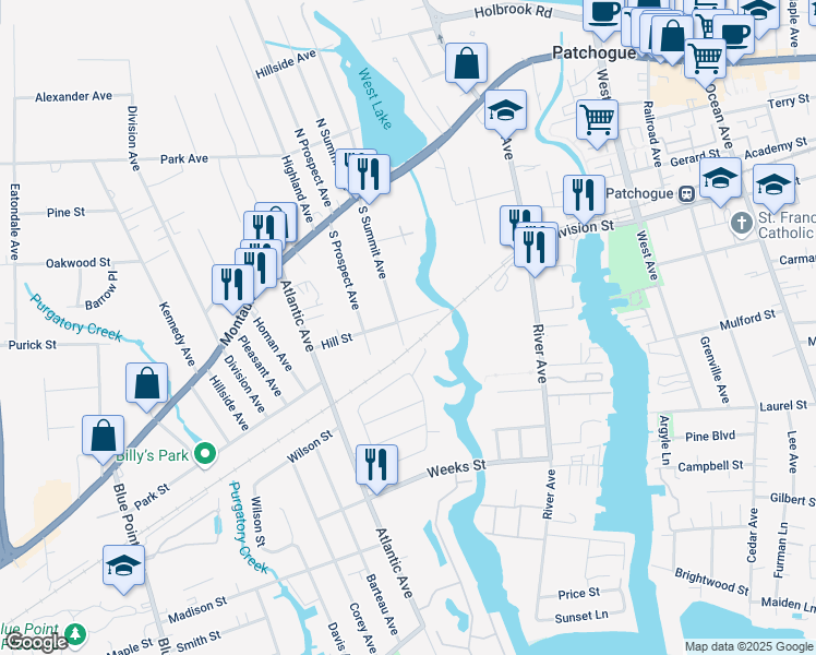 map of restaurants, bars, coffee shops, grocery stores, and more near 96 Hill Street in Patchogue