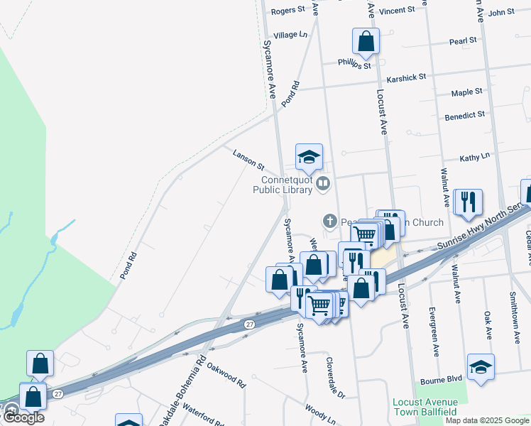 map of restaurants, bars, coffee shops, grocery stores, and more near 210 Oakdale-Bohemia Road in Bohemia