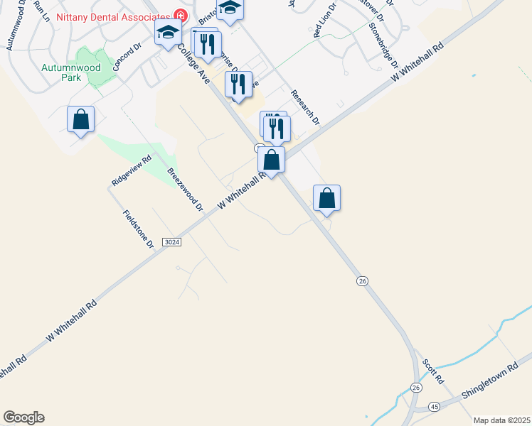 map of restaurants, bars, coffee shops, grocery stores, and more near 131 Apple View Drive in State College