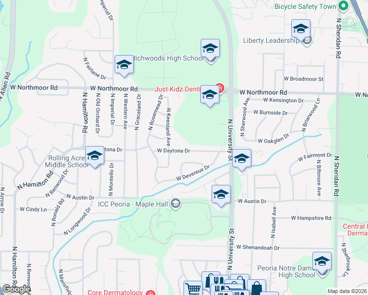 map of restaurants, bars, coffee shops, grocery stores, and more near 1509 West Daytona Drive in Peoria