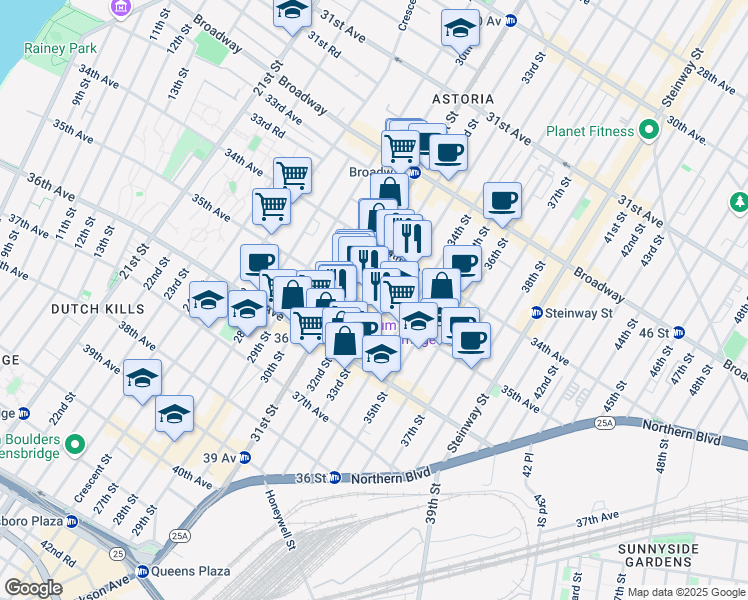 map of restaurants, bars, coffee shops, grocery stores, and more near 3207 35th Avenue in Queens