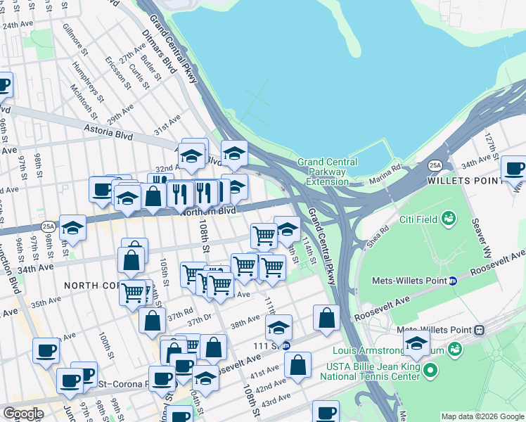 map of restaurants, bars, coffee shops, grocery stores, and more near 112-24 Northern Boulevard in Queens