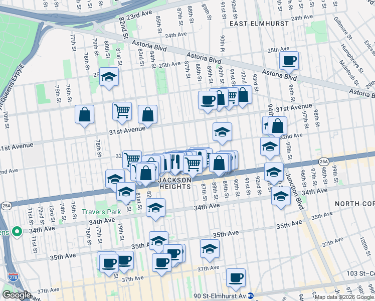 map of restaurants, bars, coffee shops, grocery stores, and more near 32-01 85th Street in Queens