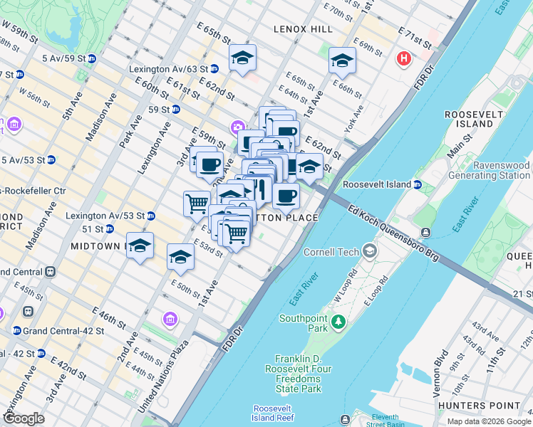 map of restaurants, bars, coffee shops, grocery stores, and more near 431 East 57th Street in New York