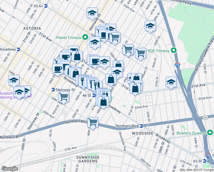 map of restaurants, bars, coffee shops, grocery stores, and more near 31-34 47th Street in Queens