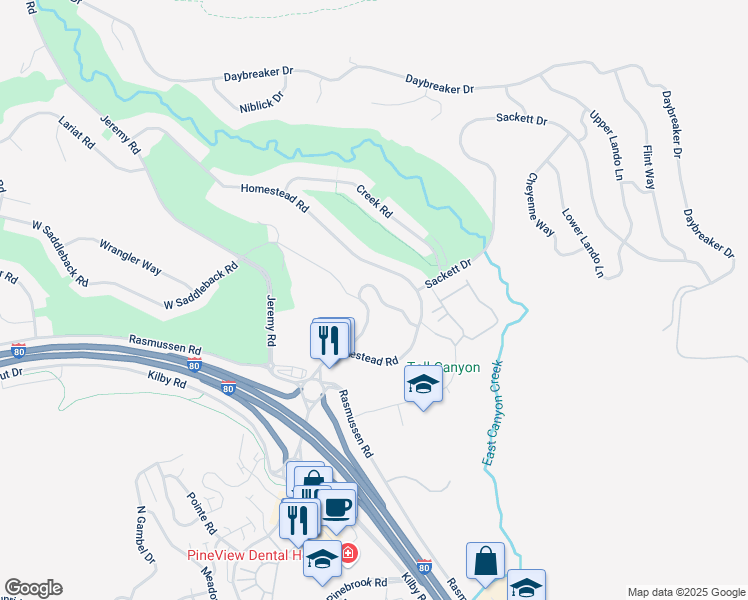map of restaurants, bars, coffee shops, grocery stores, and more near 3035 Canyon Link Drive in Park City