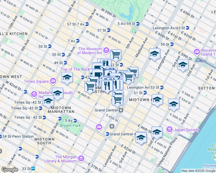 map of restaurants, bars, coffee shops, grocery stores, and more near 12 East 49th Street in New York