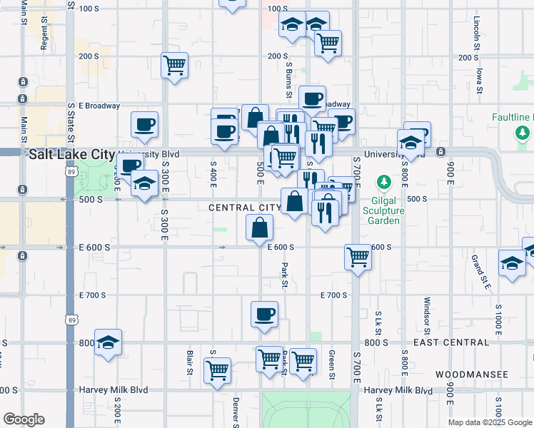 map of restaurants, bars, coffee shops, grocery stores, and more near 521 South 500 East in Salt Lake City