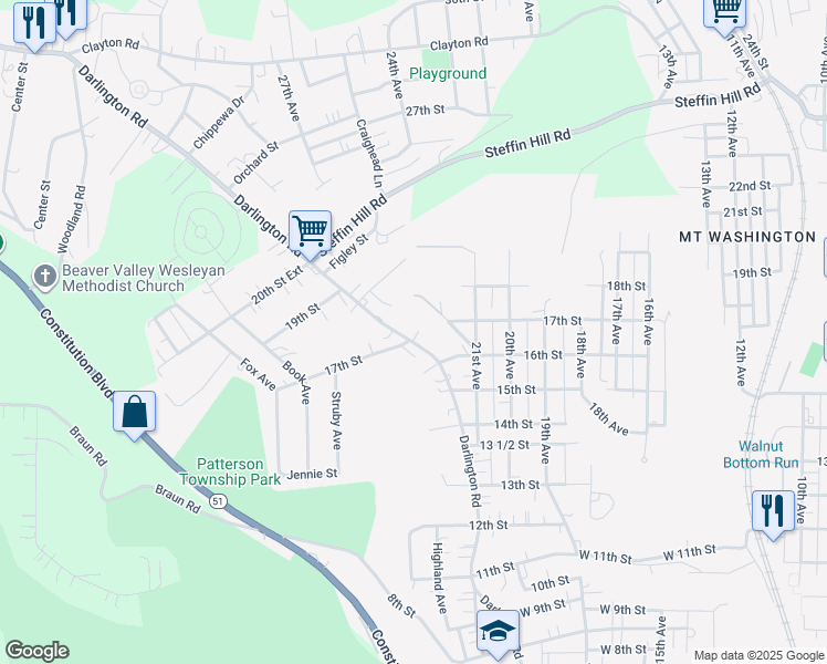 map of restaurants, bars, coffee shops, grocery stores, and more near 1612 Darlington Rd in Beaver Falls