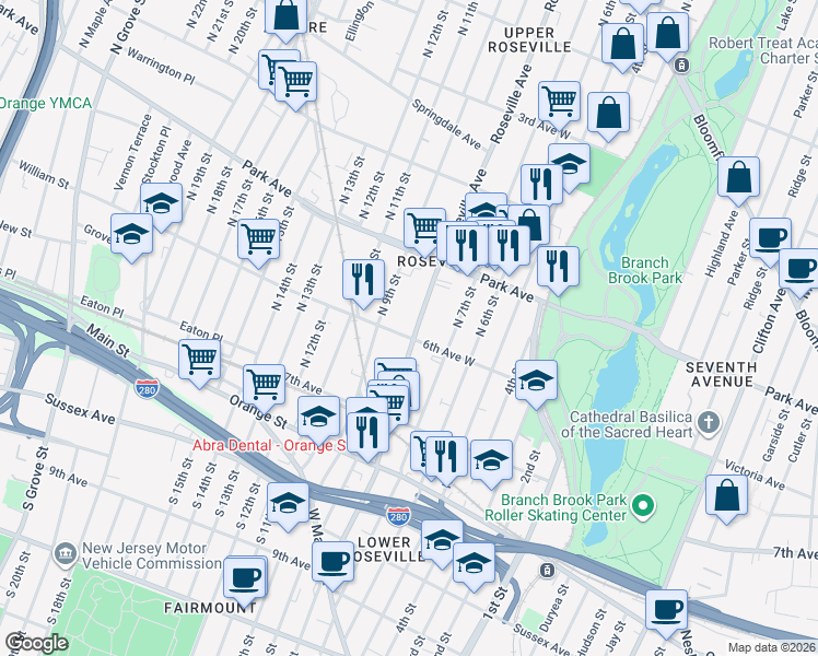 map of restaurants, bars, coffee shops, grocery stores, and more near 215 Roseville Avenue in Newark