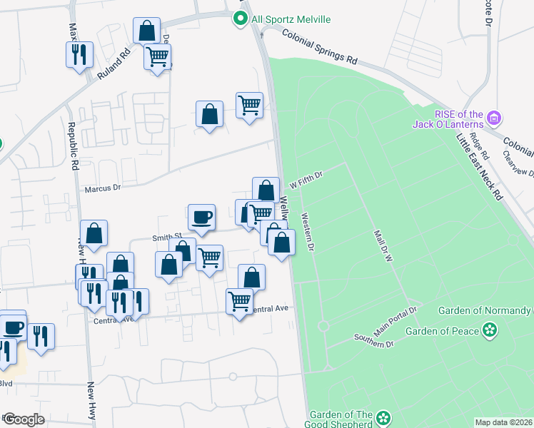 map of restaurants, bars, coffee shops, grocery stores, and more near 595 Smith Street in Farmingdale