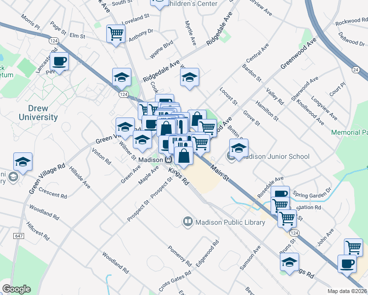 map of restaurants, bars, coffee shops, grocery stores, and more near 106 Main Street in Madison