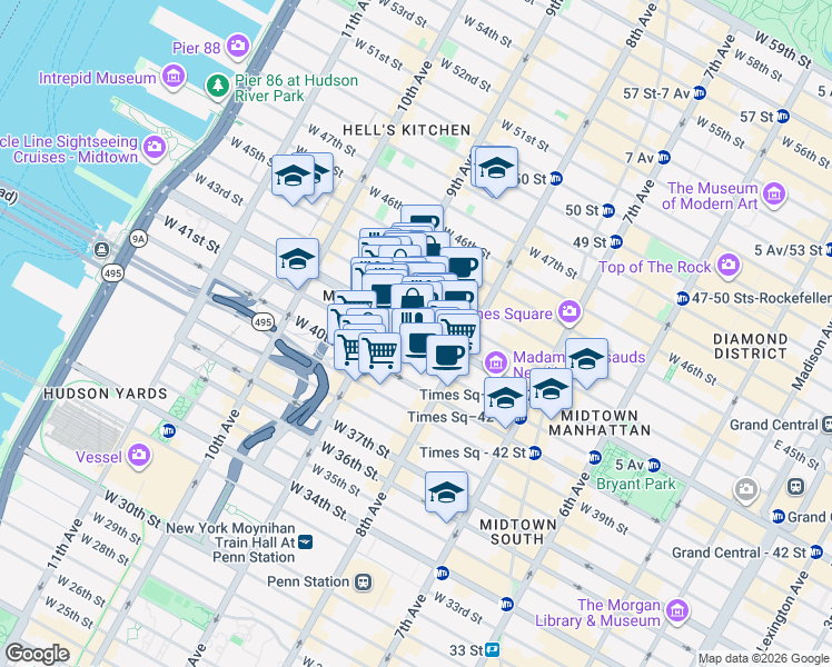 map of restaurants, bars, coffee shops, grocery stores, and more near West 42nd Street in New York