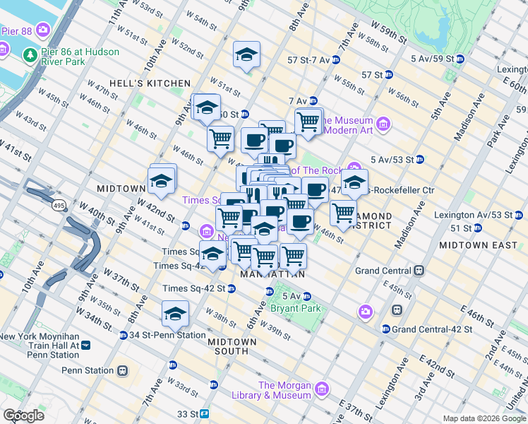 map of restaurants, bars, coffee shops, grocery stores, and more near 1540 Broadway in New York