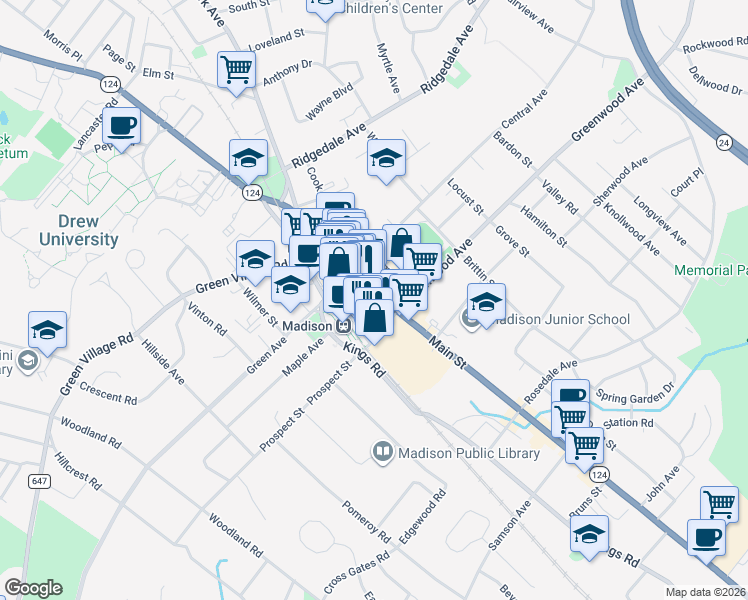 map of restaurants, bars, coffee shops, grocery stores, and more near 89 Main Street in Madison