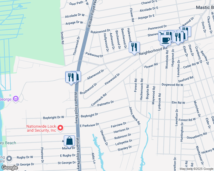 map of restaurants, bars, coffee shops, grocery stores, and more near 62 Pinewood Drive in Shirley