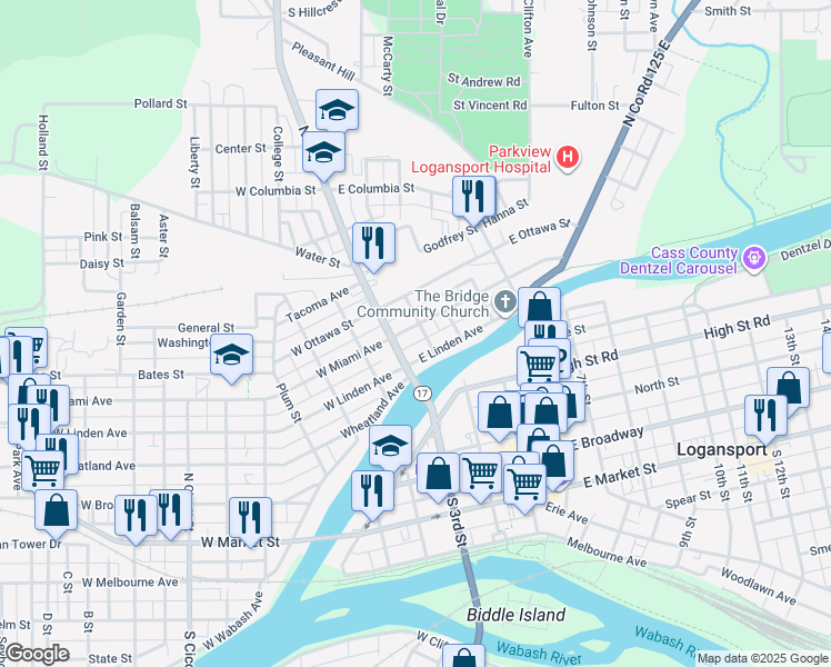 map of restaurants, bars, coffee shops, grocery stores, and more near 21 East Miami Avenue in Logansport